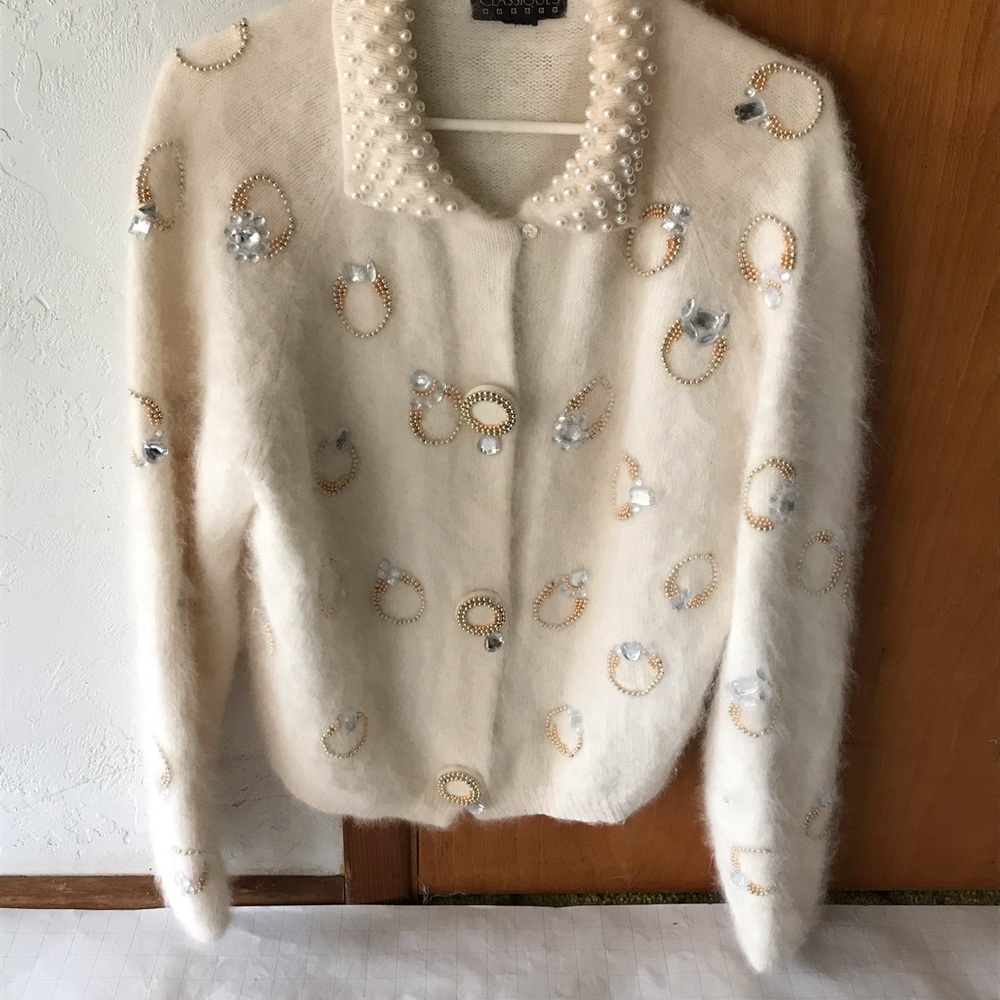 Nordstrom Cream Pearl Collar Beaded Wool Cardigan